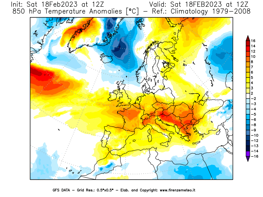 Mappa di analisi GFS - Anomalia Temperatura [°C] a 850 hPa in Europa
							del 18/02/2023 12 <!--googleoff: index-->UTC<!--googleon: index-->