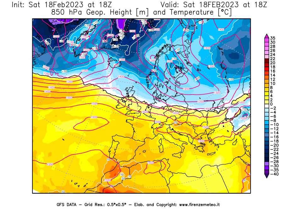 Mappa di analisi GFS - Geopotenziale [m] e Temperatura [°C] a 850 hPa in Europa
							del 18/02/2023 18 <!--googleoff: index-->UTC<!--googleon: index-->