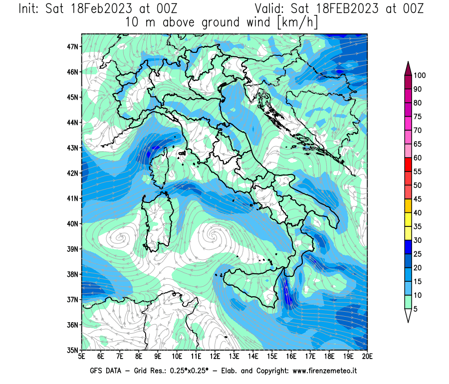 Mappa di analisi GFS - Velocità del vento a 10 metri dal suolo [km/h] in Italia
							del 18/02/2023 00 <!--googleoff: index-->UTC<!--googleon: index-->
