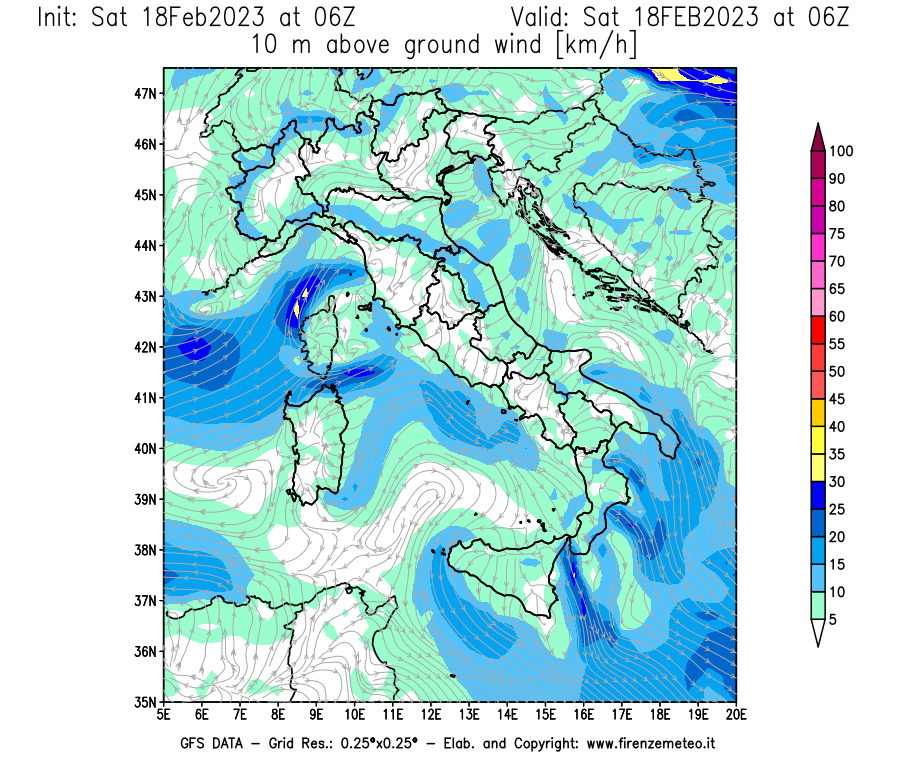 Mappa di analisi GFS - Velocità del vento a 10 metri dal suolo [km/h] in Italia
							del 18/02/2023 06 <!--googleoff: index-->UTC<!--googleon: index-->