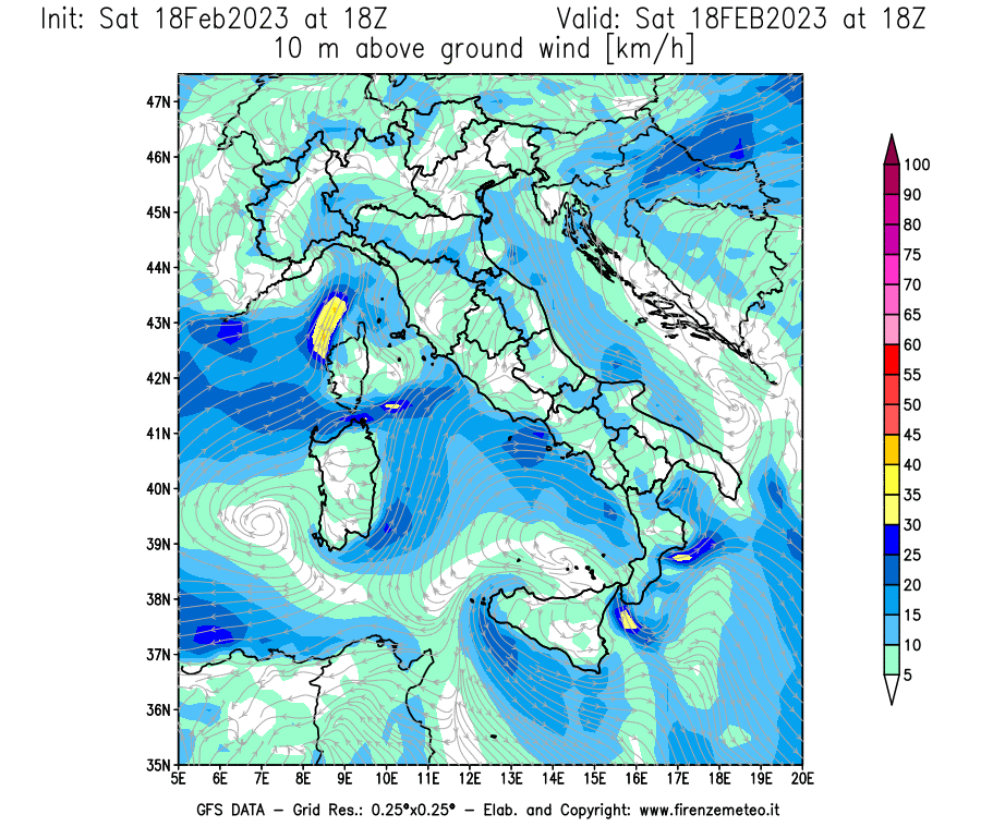 Mappa di analisi GFS - Velocità del vento a 10 metri dal suolo [km/h] in Italia
							del 18/02/2023 18 <!--googleoff: index-->UTC<!--googleon: index-->