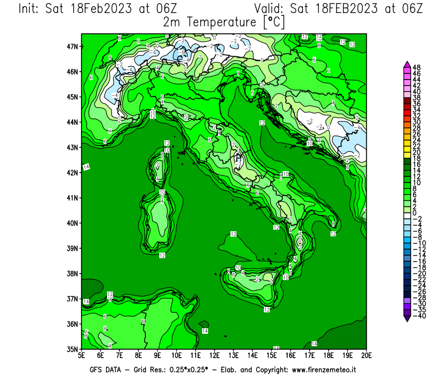 Mappa di analisi GFS - Temperatura a 2 metri dal suolo [°C] in Italia
							del 18/02/2023 06 <!--googleoff: index-->UTC<!--googleon: index-->