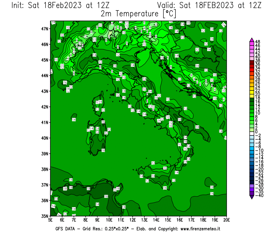 Mappa di analisi GFS - Temperatura a 2 metri dal suolo [°C] in Italia
							del 18/02/2023 12 <!--googleoff: index-->UTC<!--googleon: index-->