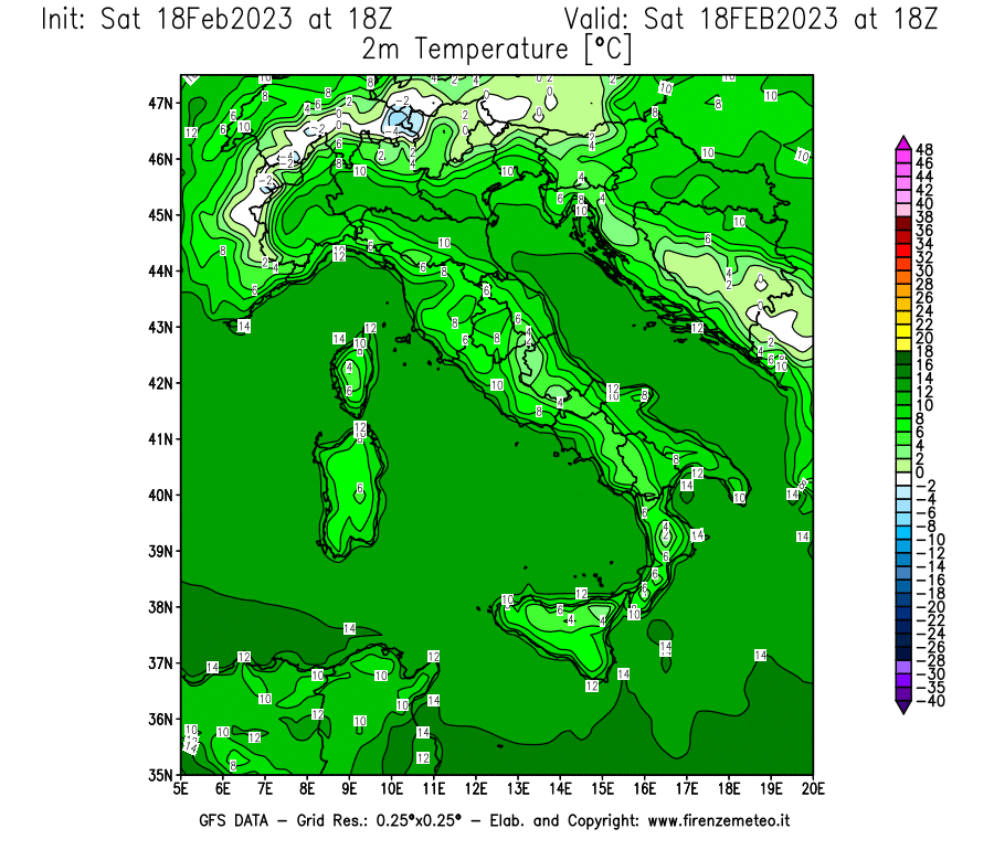 Mappa di analisi GFS - Temperatura a 2 metri dal suolo [°C] in Italia
							del 18/02/2023 18 <!--googleoff: index-->UTC<!--googleon: index-->