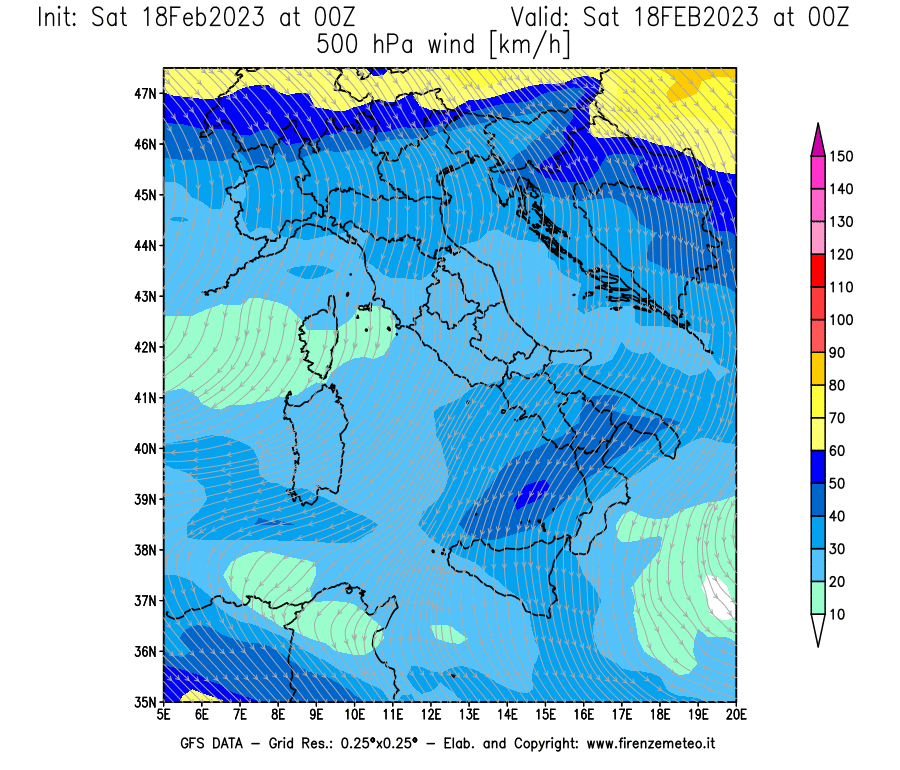 Mappa di analisi GFS - Velocità del vento a 500 hPa [km/h] in Italia
							del 18/02/2023 00 <!--googleoff: index-->UTC<!--googleon: index-->