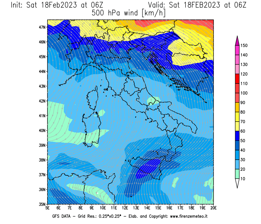 Mappa di analisi GFS - Velocità del vento a 500 hPa [km/h] in Italia
							del 18/02/2023 06 <!--googleoff: index-->UTC<!--googleon: index-->