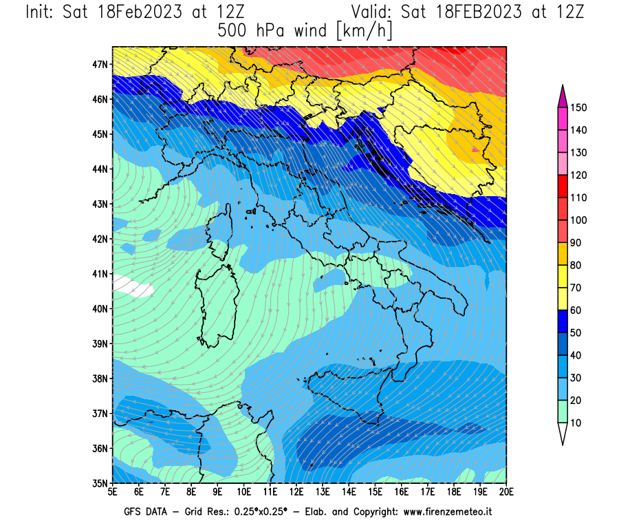 Mappa di analisi GFS - Velocità del vento a 500 hPa [km/h] in Italia
							del 18/02/2023 12 <!--googleoff: index-->UTC<!--googleon: index-->
