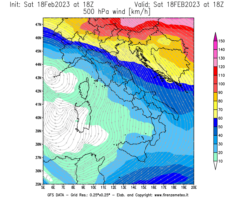 Mappa di analisi GFS - Velocità del vento a 500 hPa [km/h] in Italia
							del 18/02/2023 18 <!--googleoff: index-->UTC<!--googleon: index-->