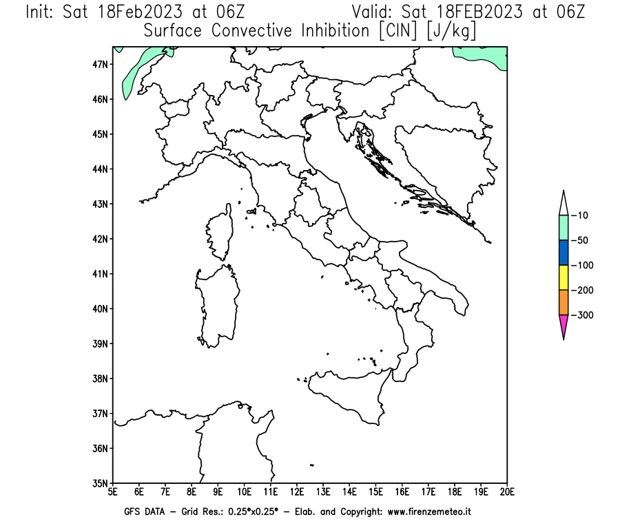 Mappa di analisi GFS - CIN [J/kg] in Italia
							del 18/02/2023 06 <!--googleoff: index-->UTC<!--googleon: index-->