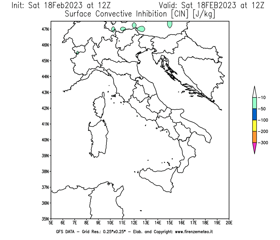 Mappa di analisi GFS - CIN [J/kg] in Italia
							del 18/02/2023 12 <!--googleoff: index-->UTC<!--googleon: index-->