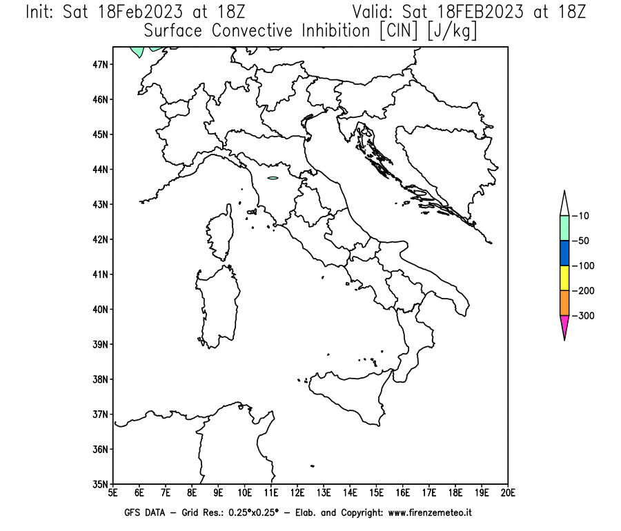 Mappa di analisi GFS - CIN [J/kg] in Italia
							del 18/02/2023 18 <!--googleoff: index-->UTC<!--googleon: index-->