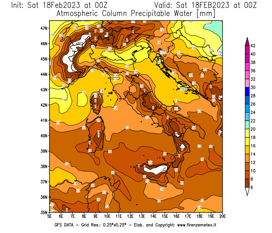 Mappa di analisi GFS - Precipitable Water [mm] in Italia
							del 18/02/2023 00 <!--googleoff: index-->UTC<!--googleon: index-->