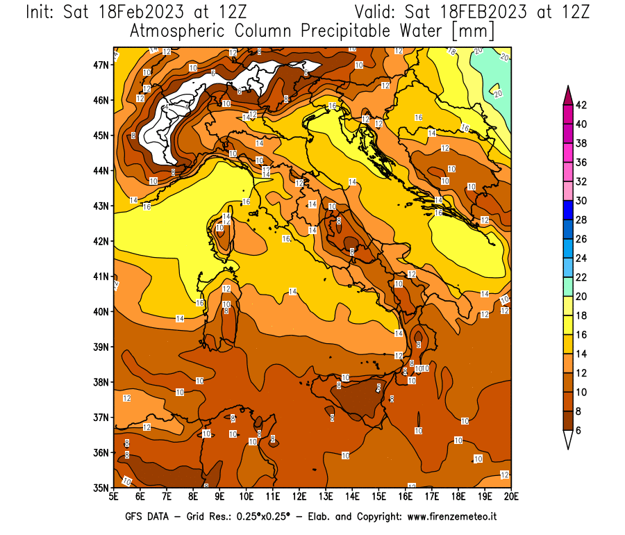 Mappa di analisi GFS - Precipitable Water [mm] in Italia
							del 18/02/2023 12 <!--googleoff: index-->UTC<!--googleon: index-->