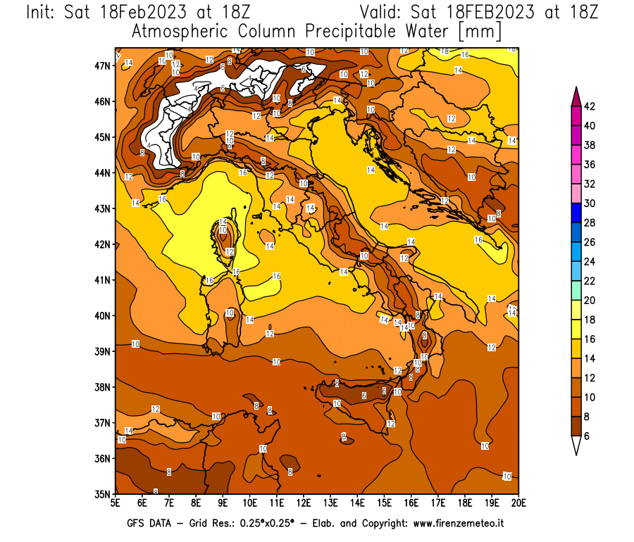 Mappa di analisi GFS - Precipitable Water [mm] in Italia
							del 18/02/2023 18 <!--googleoff: index-->UTC<!--googleon: index-->