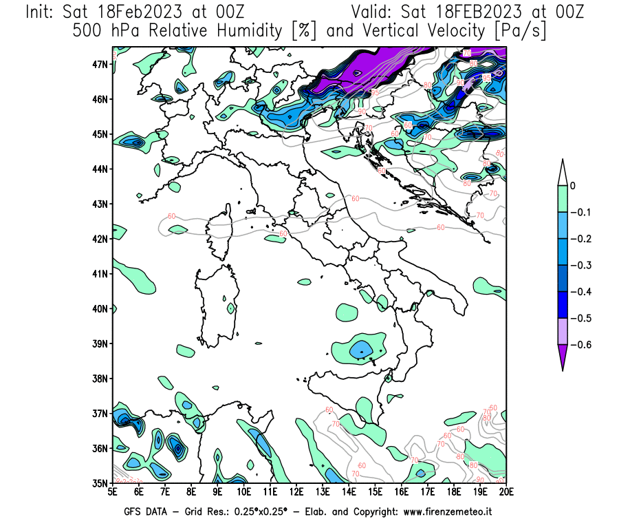 Mappa di analisi GFS - Umidità relativa [%] e Omega [Pa/s] a 500 hPa in Italia
							del 18/02/2023 00 <!--googleoff: index-->UTC<!--googleon: index-->