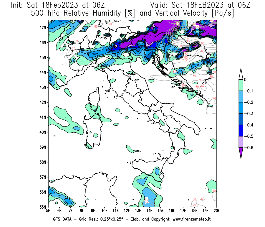 Mappa di analisi GFS - Umidità relativa [%] e Omega [Pa/s] a 500 hPa in Italia
							del 18/02/2023 06 <!--googleoff: index-->UTC<!--googleon: index-->