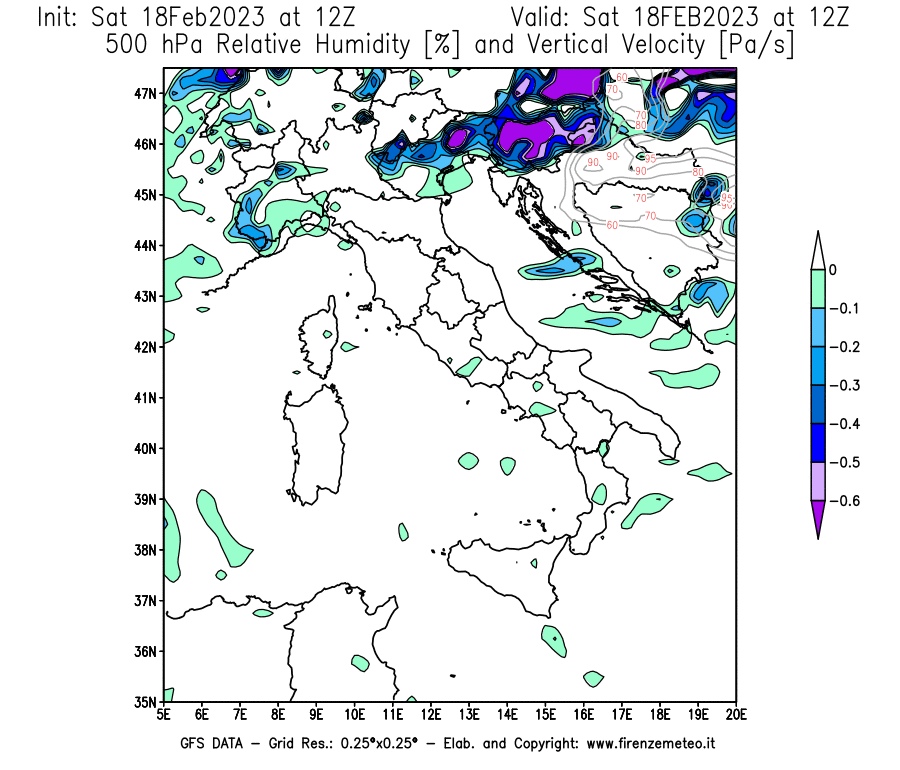 Mappa di analisi GFS - Umidità relativa [%] e Omega [Pa/s] a 500 hPa in Italia
							del 18/02/2023 12 <!--googleoff: index-->UTC<!--googleon: index-->