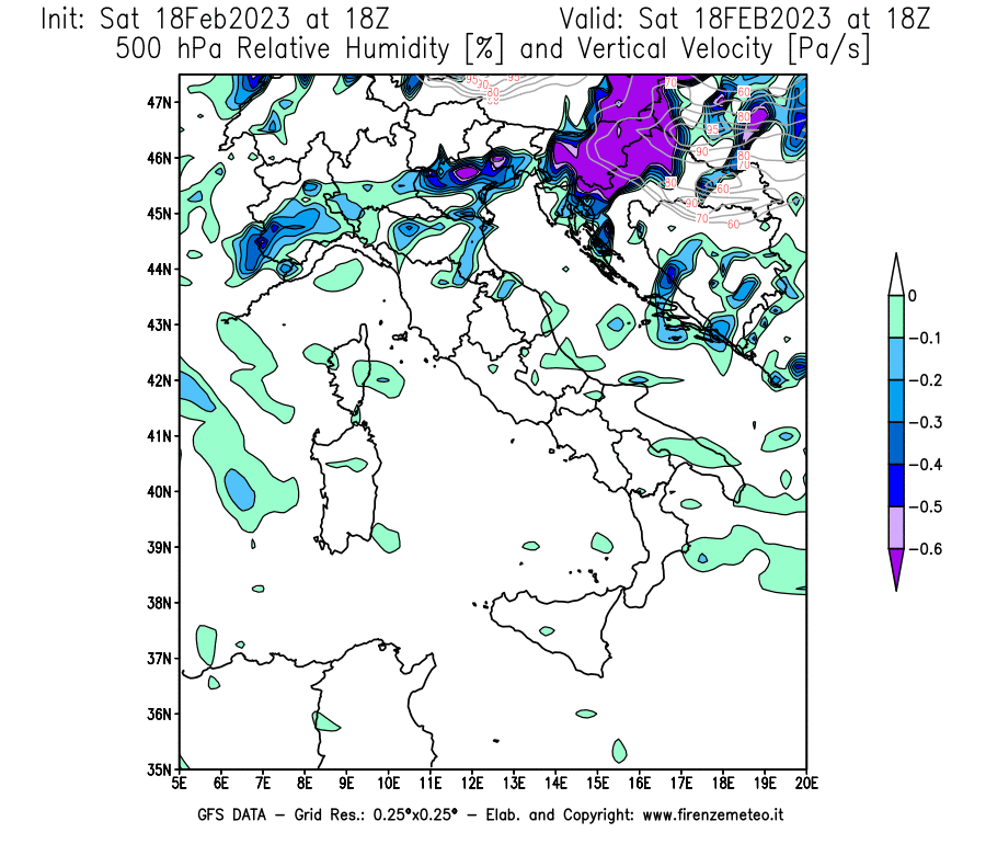 Mappa di analisi GFS - Umidità relativa [%] e Omega [Pa/s] a 500 hPa in Italia
							del 18/02/2023 18 <!--googleoff: index-->UTC<!--googleon: index-->
