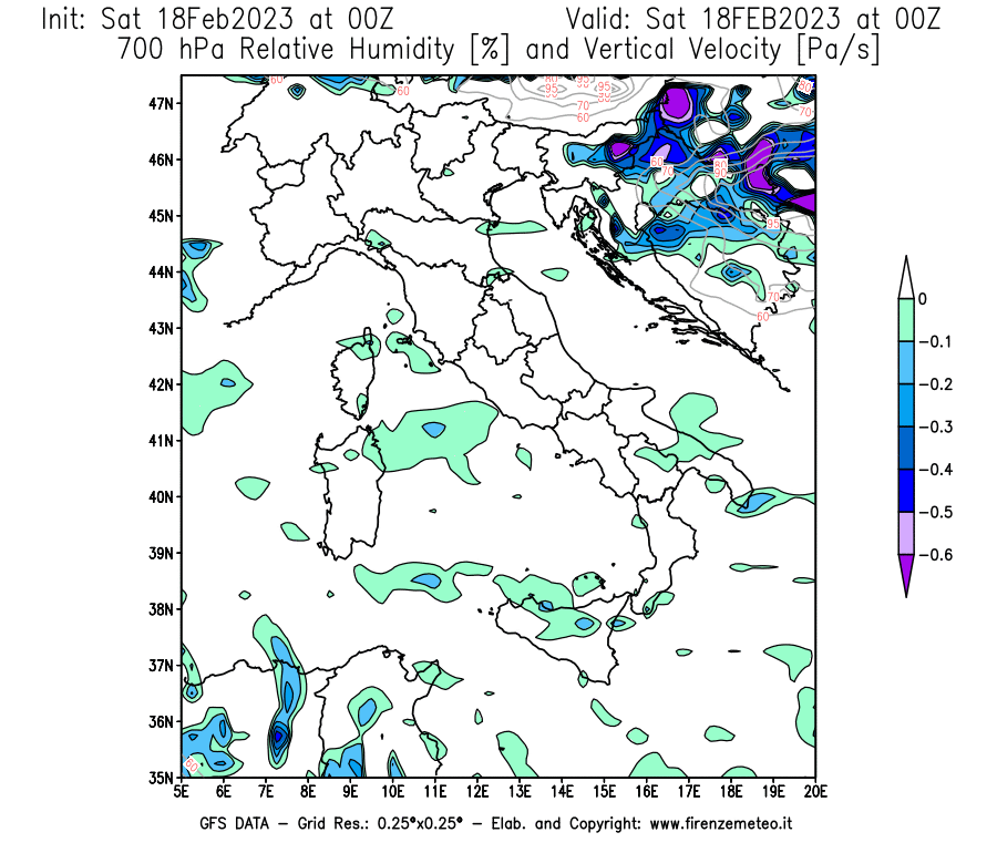 Mappa di analisi GFS - Umidità relativa [%] e Omega [Pa/s] a 700 hPa in Italia
							del 18/02/2023 00 <!--googleoff: index-->UTC<!--googleon: index-->