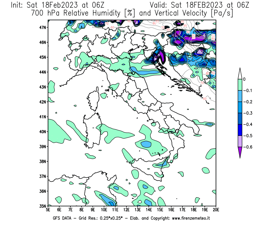 Mappa di analisi GFS - Umidità relativa [%] e Omega [Pa/s] a 700 hPa in Italia
							del 18/02/2023 06 <!--googleoff: index-->UTC<!--googleon: index-->
