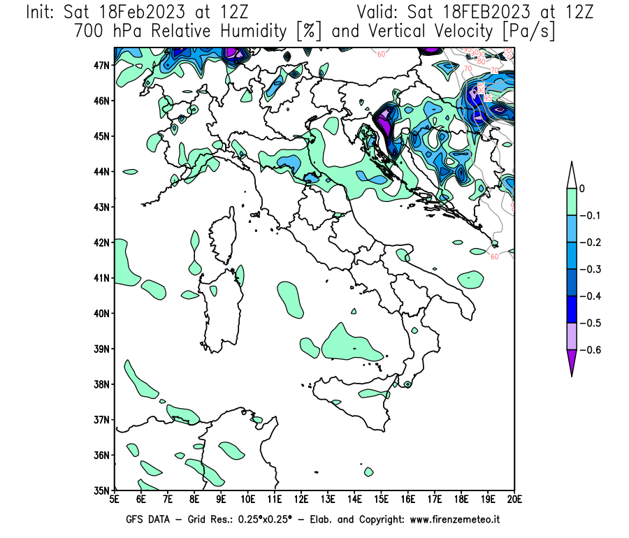Mappa di analisi GFS - Umidità relativa [%] e Omega [Pa/s] a 700 hPa in Italia
							del 18/02/2023 12 <!--googleoff: index-->UTC<!--googleon: index-->