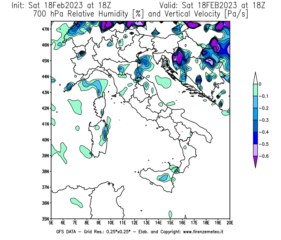 Mappa di analisi GFS - Umidità relativa [%] e Omega [Pa/s] a 700 hPa in Italia
							del 18/02/2023 18 <!--googleoff: index-->UTC<!--googleon: index-->