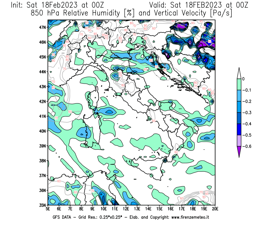 Mappa di analisi GFS - Umidità relativa [%] e Omega [Pa/s] a 850 hPa in Italia
							del 18/02/2023 00 <!--googleoff: index-->UTC<!--googleon: index-->