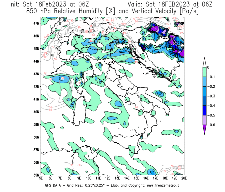 Mappa di analisi GFS - Umidità relativa [%] e Omega [Pa/s] a 850 hPa in Italia
							del 18/02/2023 06 <!--googleoff: index-->UTC<!--googleon: index-->