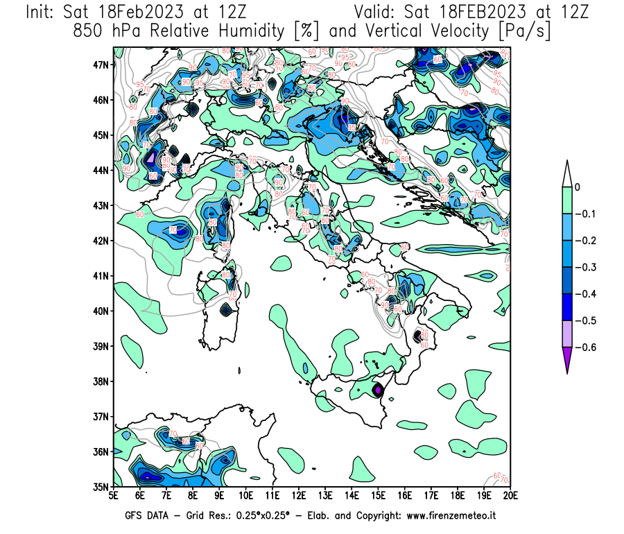 Mappa di analisi GFS - Umidità relativa [%] e Omega [Pa/s] a 850 hPa in Italia
							del 18/02/2023 12 <!--googleoff: index-->UTC<!--googleon: index-->