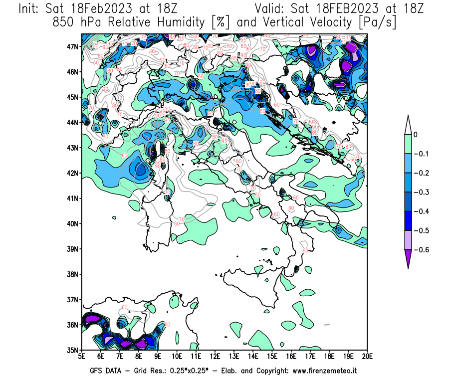 Mappa di analisi GFS - Umidità relativa [%] e Omega [Pa/s] a 850 hPa in Italia
							del 18/02/2023 18 <!--googleoff: index-->UTC<!--googleon: index-->