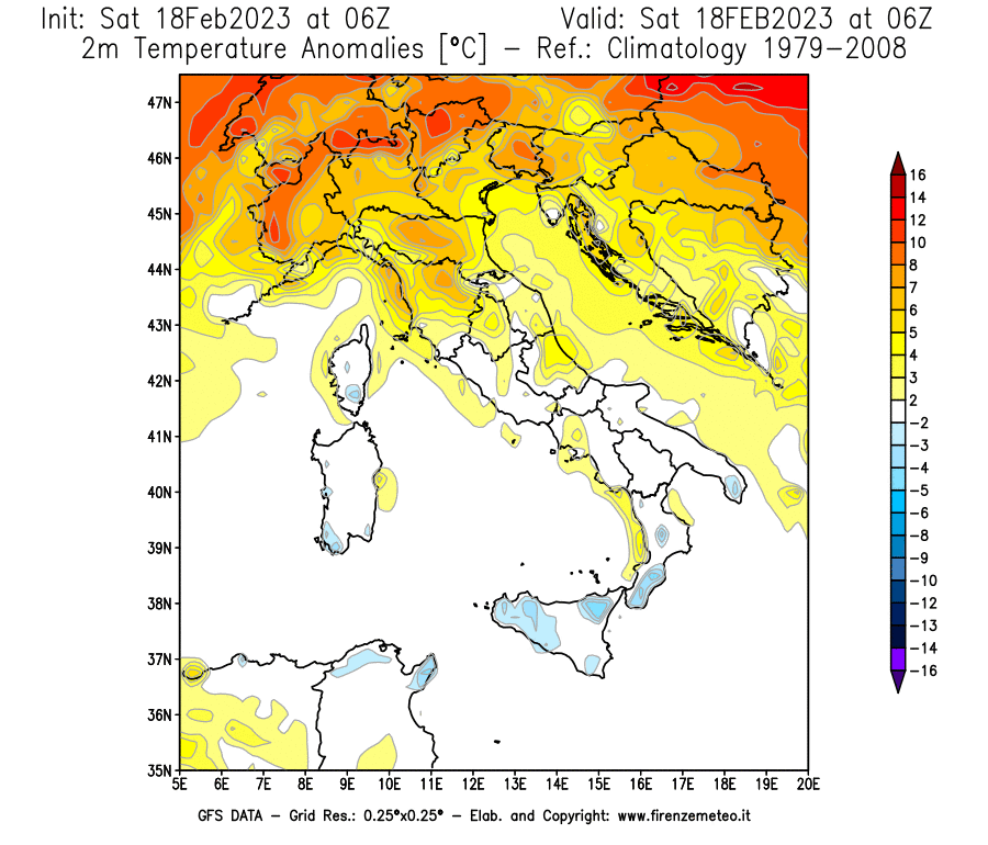Mappa di analisi GFS - Anomalia Temperatura [°C] a 2 m in Italia
							del 18/02/2023 06 <!--googleoff: index-->UTC<!--googleon: index-->