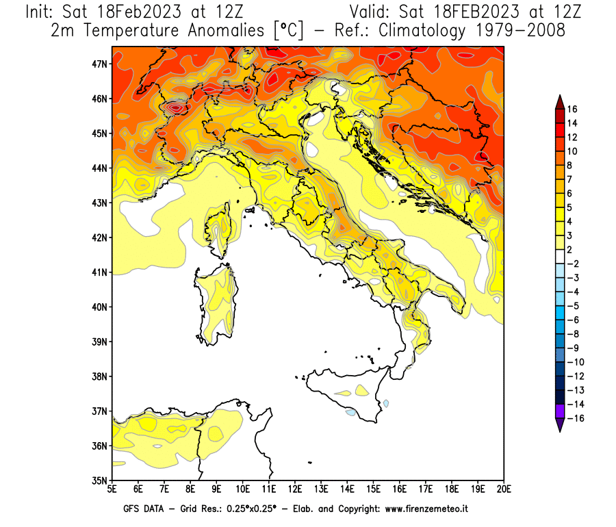 Mappa di analisi GFS - Anomalia Temperatura [°C] a 2 m in Italia
							del 18/02/2023 12 <!--googleoff: index-->UTC<!--googleon: index-->
