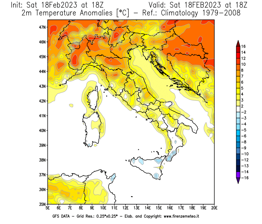 Mappa di analisi GFS - Anomalia Temperatura [°C] a 2 m in Italia
							del 18/02/2023 18 <!--googleoff: index-->UTC<!--googleon: index-->