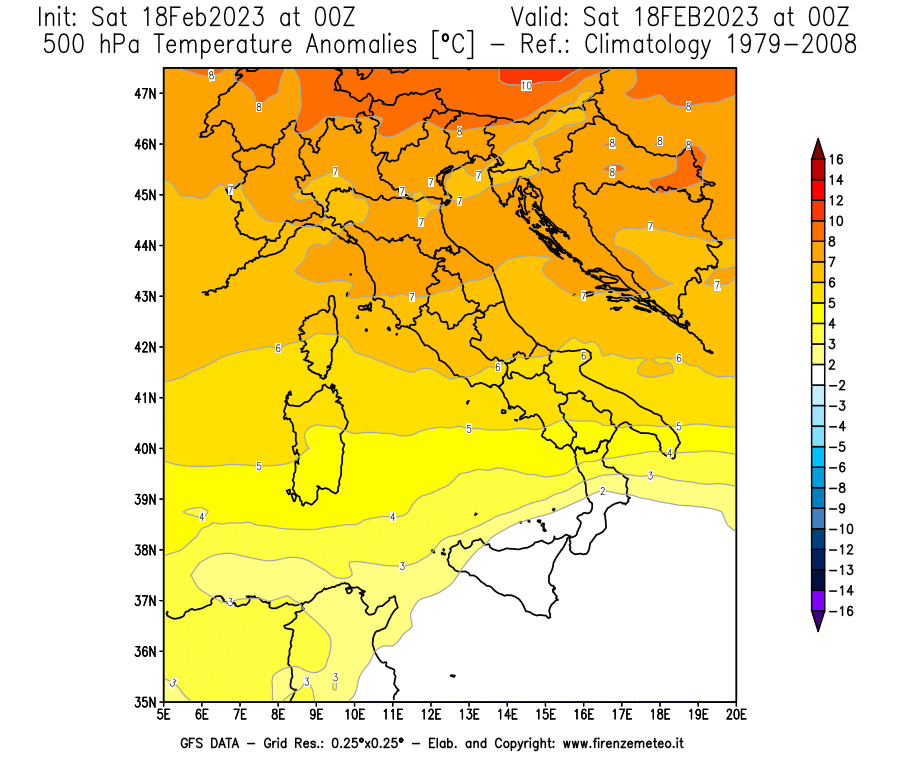 Mappa di analisi GFS - Anomalia Temperatura [°C] a 500 hPa in Italia
							del 18/02/2023 00 <!--googleoff: index-->UTC<!--googleon: index-->