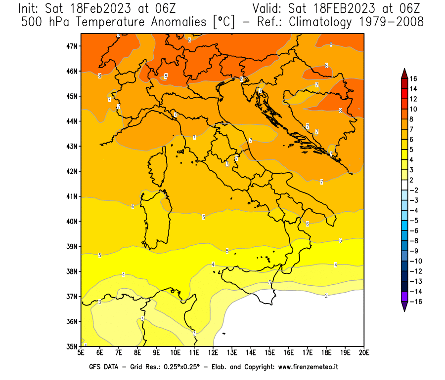 Mappa di analisi GFS - Anomalia Temperatura [°C] a 500 hPa in Italia
							del 18/02/2023 06 <!--googleoff: index-->UTC<!--googleon: index-->
