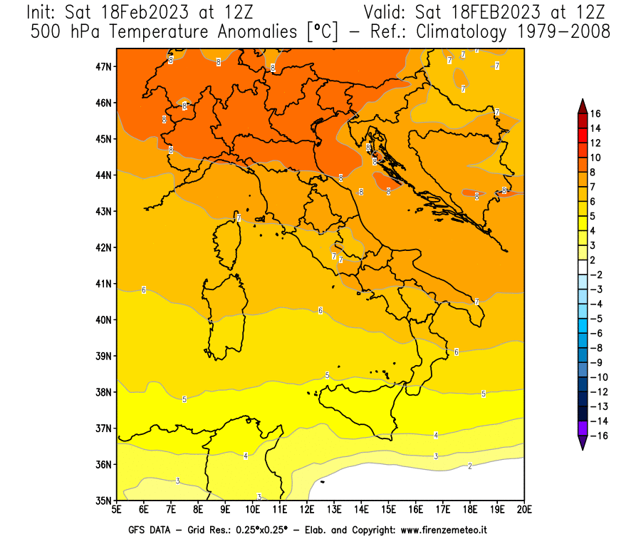 Mappa di analisi GFS - Anomalia Temperatura [°C] a 500 hPa in Italia
							del 18/02/2023 12 <!--googleoff: index-->UTC<!--googleon: index-->