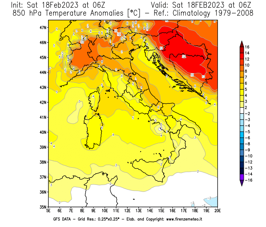 Mappa di analisi GFS - Anomalia Temperatura [°C] a 850 hPa in Italia
							del 18/02/2023 06 <!--googleoff: index-->UTC<!--googleon: index-->
