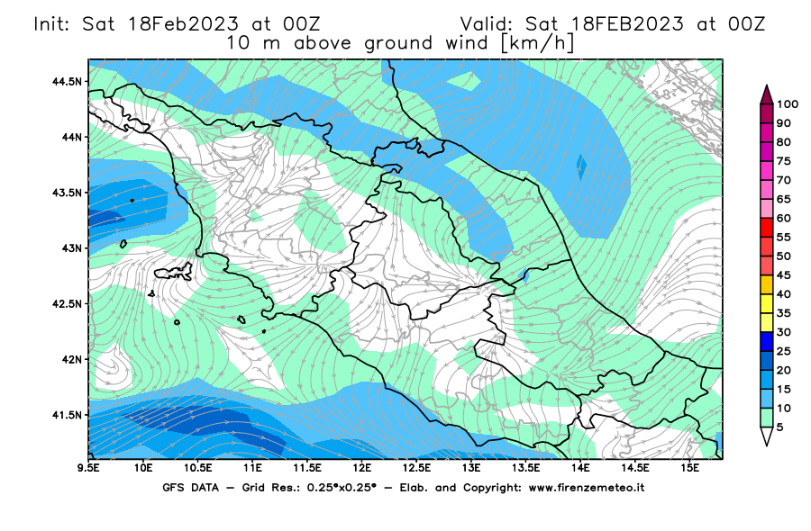 Mappa di analisi GFS - Velocità del vento a 10 metri dal suolo [km/h] in Centro-Italia
							del 18/02/2023 00 <!--googleoff: index-->UTC<!--googleon: index-->