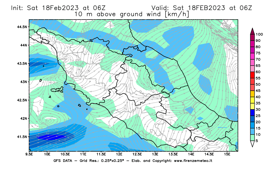 Mappa di analisi GFS - Velocità del vento a 10 metri dal suolo [km/h] in Centro-Italia
							del 18/02/2023 06 <!--googleoff: index-->UTC<!--googleon: index-->