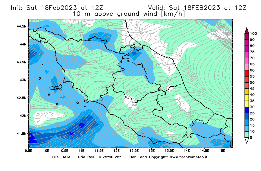 Mappa di analisi GFS - Velocità del vento a 10 metri dal suolo [km/h] in Centro-Italia
							del 18/02/2023 12 <!--googleoff: index-->UTC<!--googleon: index-->