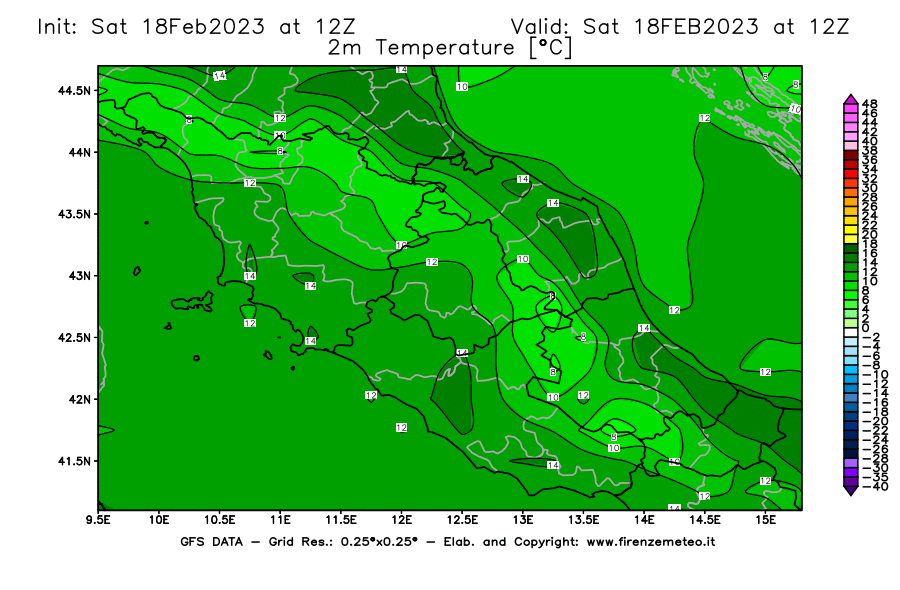 Mappa di analisi GFS - Temperatura a 2 metri dal suolo [°C] in Centro-Italia
							del 18/02/2023 12 <!--googleoff: index-->UTC<!--googleon: index-->