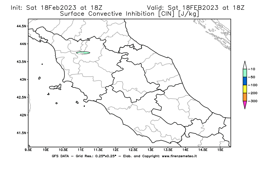 Mappa di analisi GFS - CIN [J/kg] in Centro-Italia
							del 18/02/2023 18 <!--googleoff: index-->UTC<!--googleon: index-->