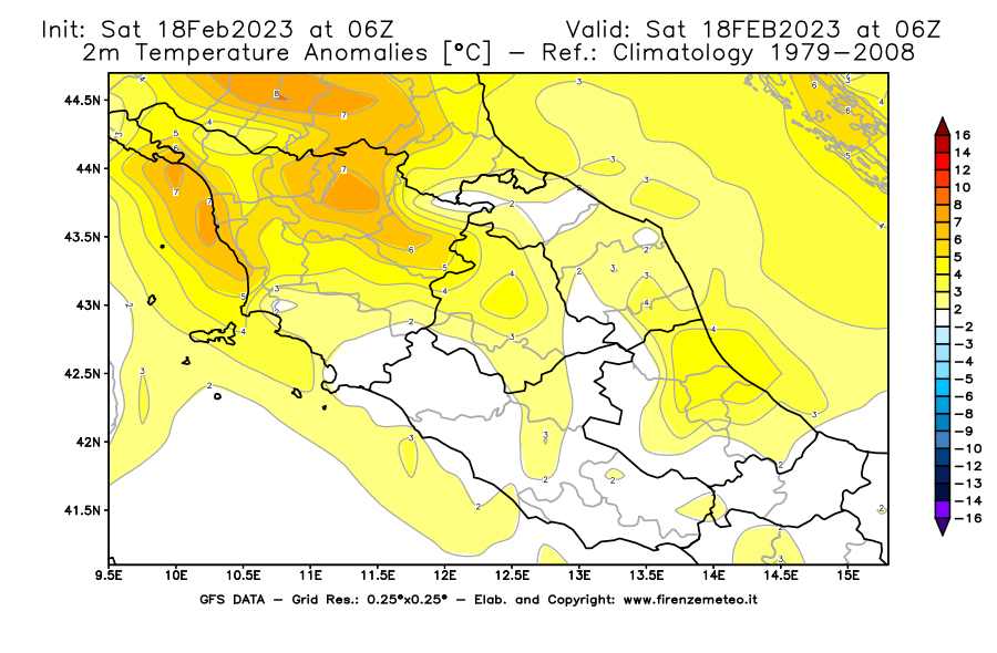 Mappa di analisi GFS - Anomalia Temperatura [°C] a 2 m in Centro-Italia
							del 18/02/2023 06 <!--googleoff: index-->UTC<!--googleon: index-->