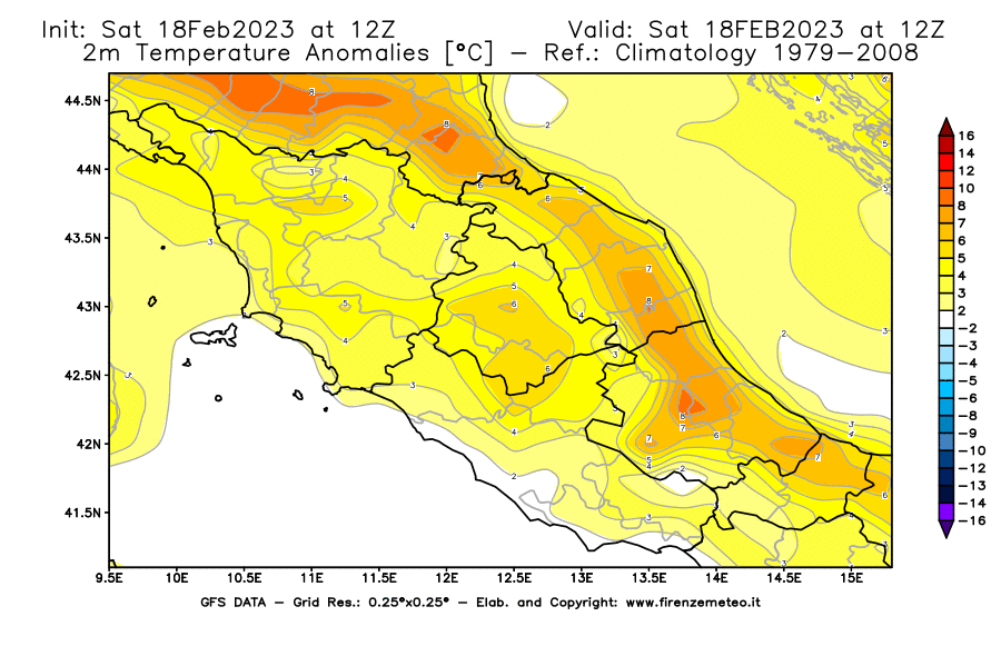 Mappa di analisi GFS - Anomalia Temperatura [°C] a 2 m in Centro-Italia
							del 18/02/2023 12 <!--googleoff: index-->UTC<!--googleon: index-->