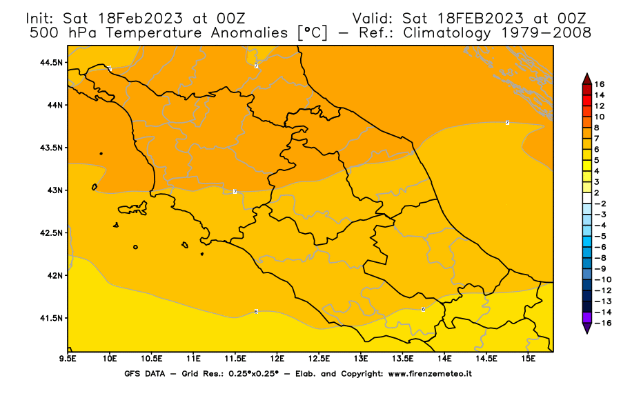 Mappa di analisi GFS - Anomalia Temperatura [°C] a 500 hPa in Centro-Italia
							del 18/02/2023 00 <!--googleoff: index-->UTC<!--googleon: index-->