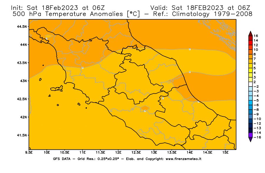 Mappa di analisi GFS - Anomalia Temperatura [°C] a 500 hPa in Centro-Italia
							del 18/02/2023 06 <!--googleoff: index-->UTC<!--googleon: index-->