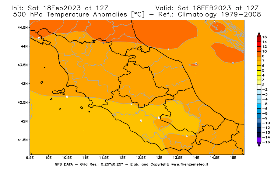 Mappa di analisi GFS - Anomalia Temperatura [°C] a 500 hPa in Centro-Italia
							del 18/02/2023 12 <!--googleoff: index-->UTC<!--googleon: index-->
