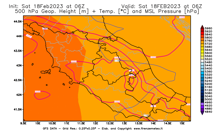 Mappa di analisi GFS - Geopotenziale [m] + Temp. [°C] a 500 hPa + Press. a livello del mare [hPa] in Centro-Italia
							del 18/02/2023 06 <!--googleoff: index-->UTC<!--googleon: index-->