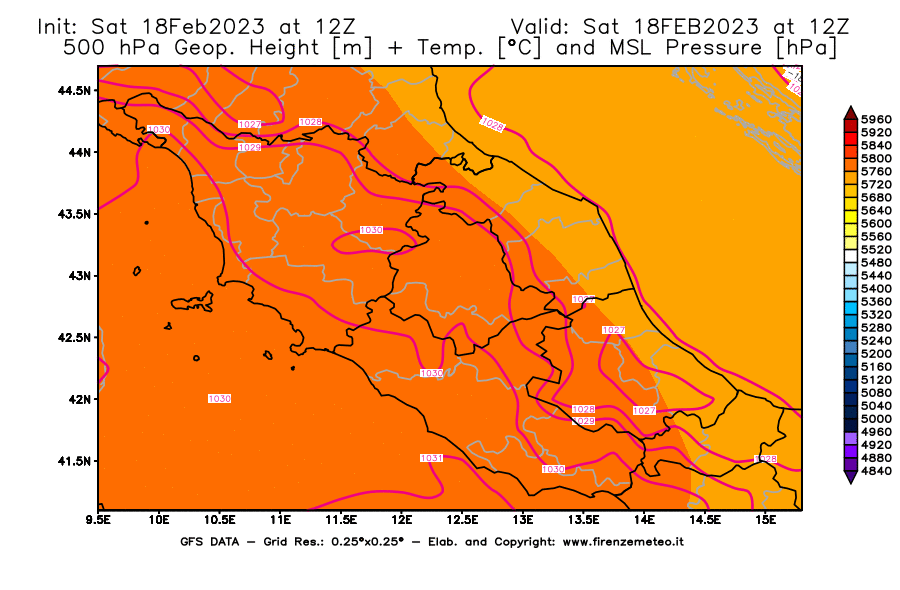 Mappa di analisi GFS - Geopotenziale [m] + Temp. [°C] a 500 hPa + Press. a livello del mare [hPa] in Centro-Italia
							del 18/02/2023 12 <!--googleoff: index-->UTC<!--googleon: index-->