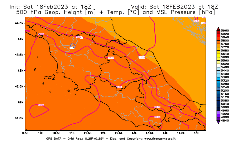 Mappa di analisi GFS - Geopotenziale [m] + Temp. [°C] a 500 hPa + Press. a livello del mare [hPa] in Centro-Italia
							del 18/02/2023 18 <!--googleoff: index-->UTC<!--googleon: index-->